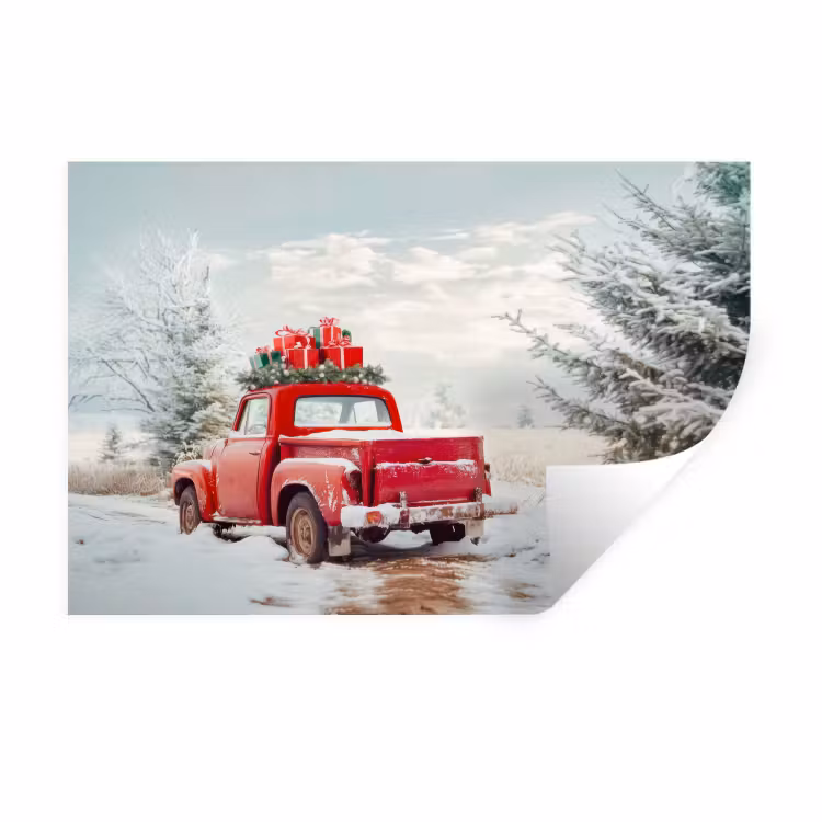 Auto - Rood - Cadeaus - Winter - Sneeuw - Kerst Muursticker klein -3d