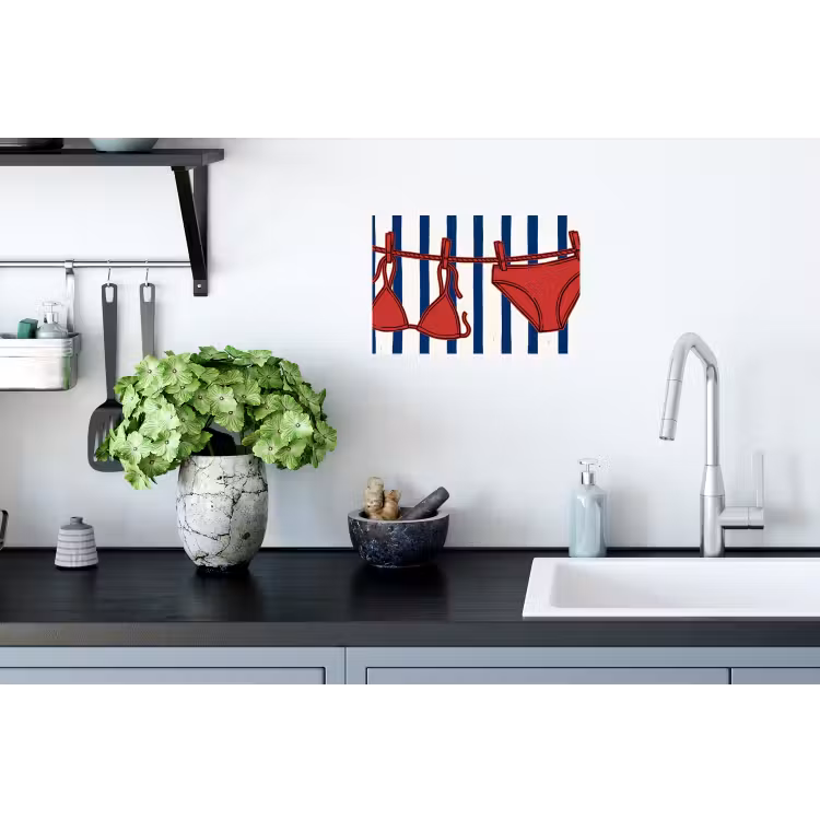 Badkleding - Waslijn - Zomer - Illustratie - Rood Muursticker klein -keuken