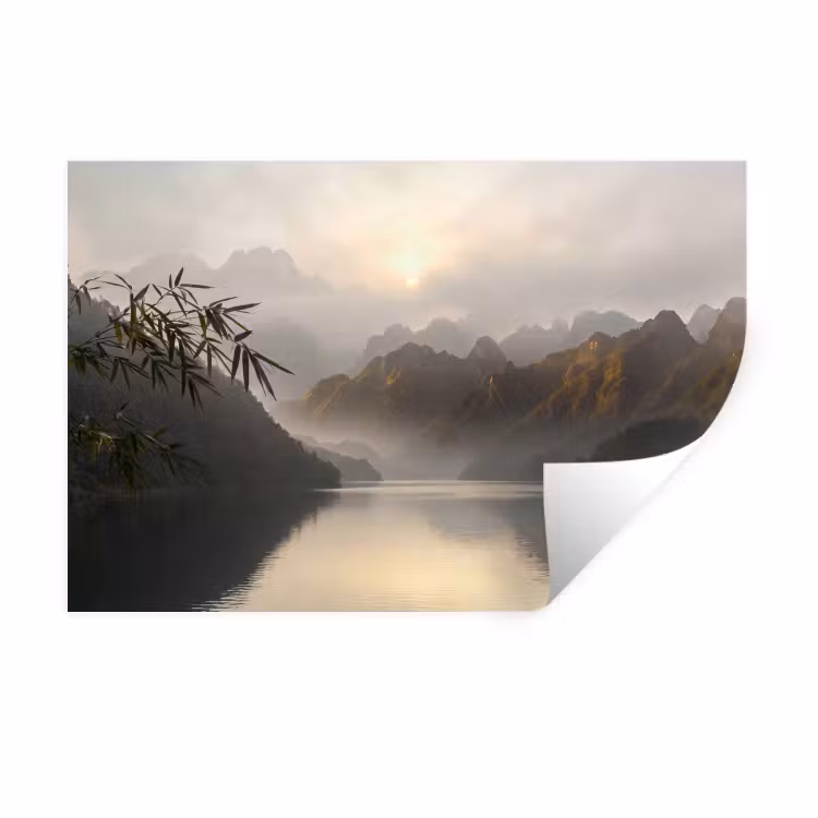 Bergen - Water - Mist - Natuur - Landschap Muursticker klein -3d
