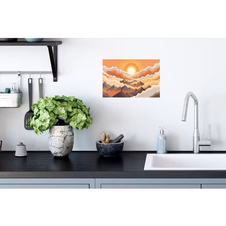Bergen - Wolken - Natuur - Zonsopgang - Oranje Muursticker klein -keuken