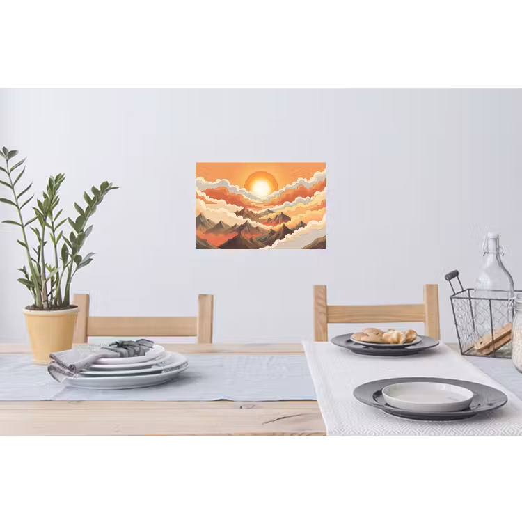 Bergen - Wolken - Natuur - Zonsopgang - Oranje Muursticker klein -eettafel