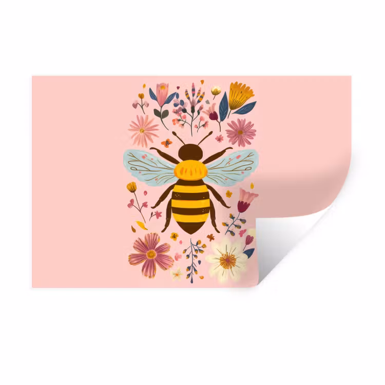 Bij - Geel - Bloemen - Kleurrijk Muursticker klein -3d