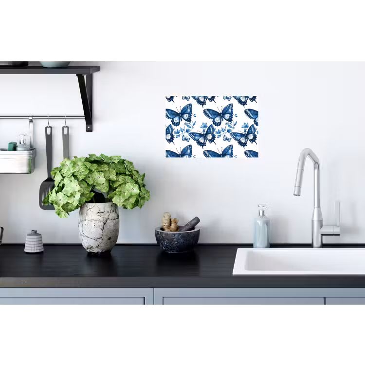 Blauw - Vlinders - Bloemen - Wit Muursticker klein 286 -keuken