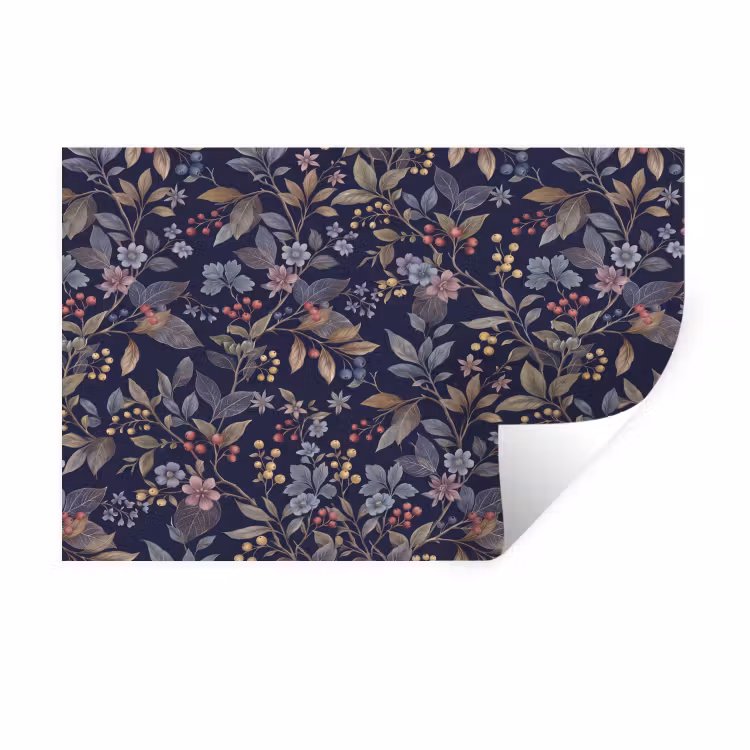 Bloemen - Bladeren - Patroon - Botanisch - Donkerblauw Muursticker klein -3d