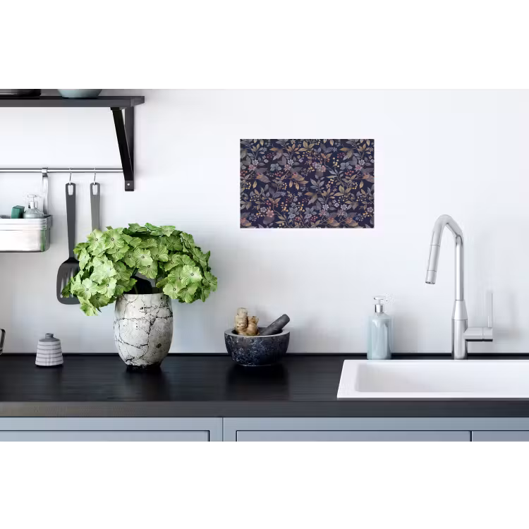 Bloemen - Bladeren - Patroon - Botanisch - Donkerblauw Muursticker klein -keuken