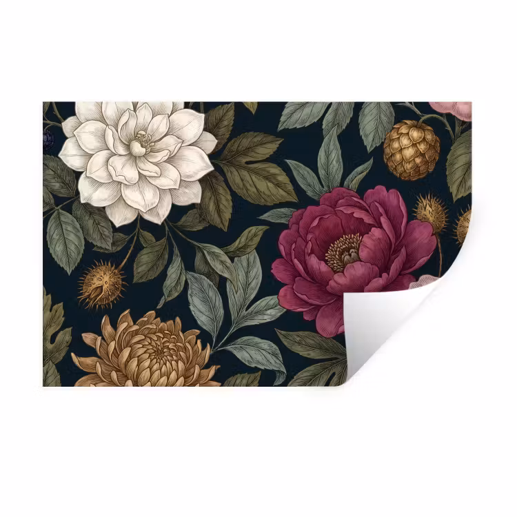 Bloemen - Botanisch - Illustratie - Donker - Vintage Muursticker klein -3d
