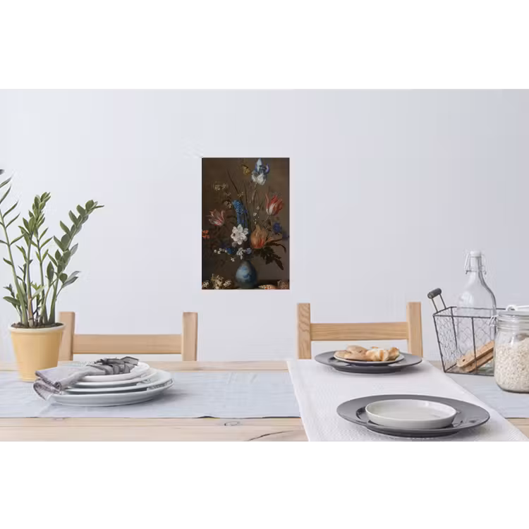 Bloemen in een Wan-Li vaas en schelpen - Schilderij van Balthasar van der Ast Muursticker klein -eettafel