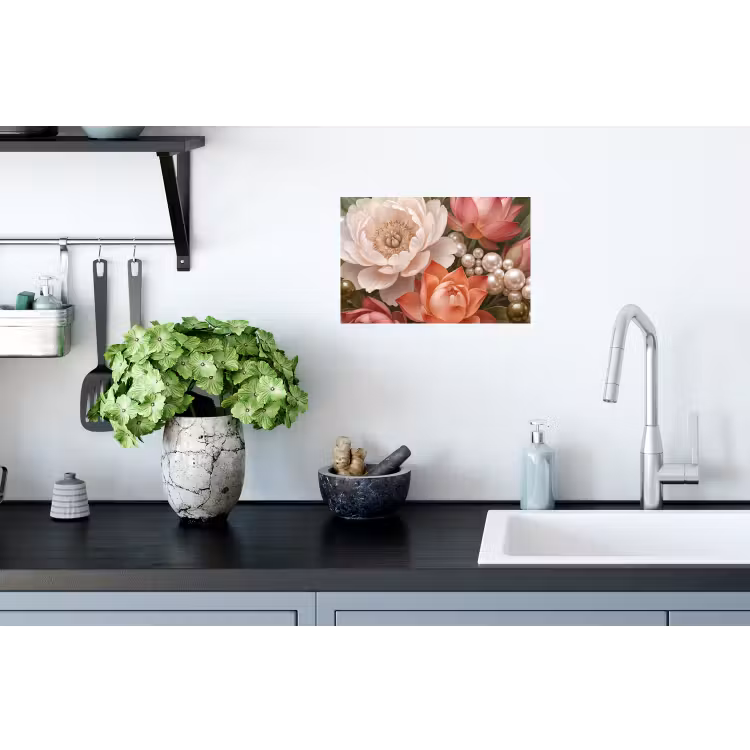 Bloemen - Parels - Elegant - Roze - Wit Muursticker klein -keuken