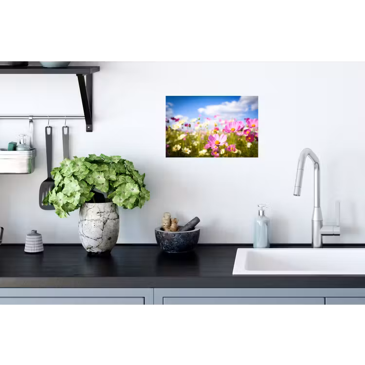 Bloemen - Wei - Paars - Gras - Wit - Wolken - Blauw Muursticker klein -keuken