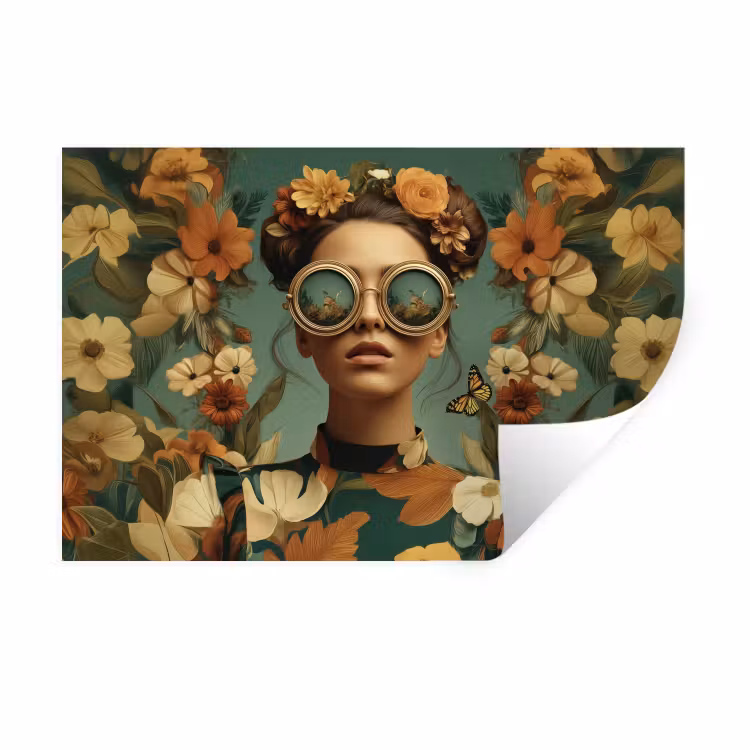 Bloemenkrans - Vrouwengezicht - Zonnebril - Oranje Muursticker klein -3d