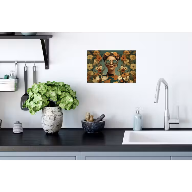 Bloemenkrans - Vrouwengezicht - Zonnebril - Oranje Muursticker klein -keuken
