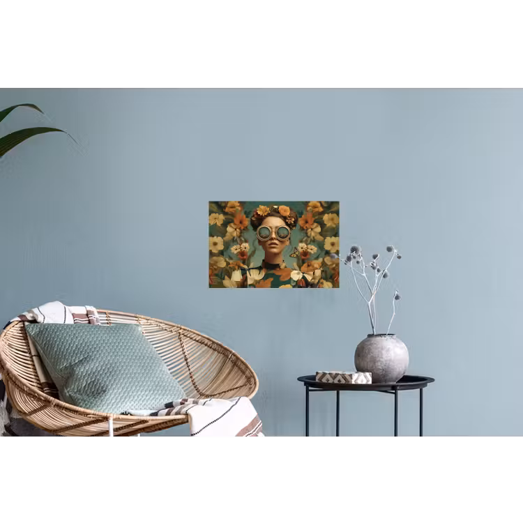 Bloemenkrans - Vrouwengezicht - Zonnebril - Oranje Muursticker klein -plant