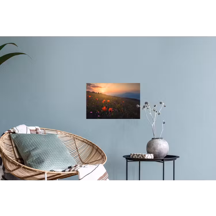 Bloemenveld - Gras - Bloemen - Planten - Zonsondergang - Oranje Muursticker klein -plant