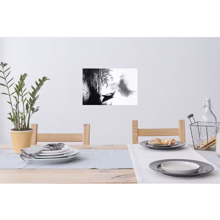 Boot - Rivier - Bamboe - Wit Muursticker klein -eettafel