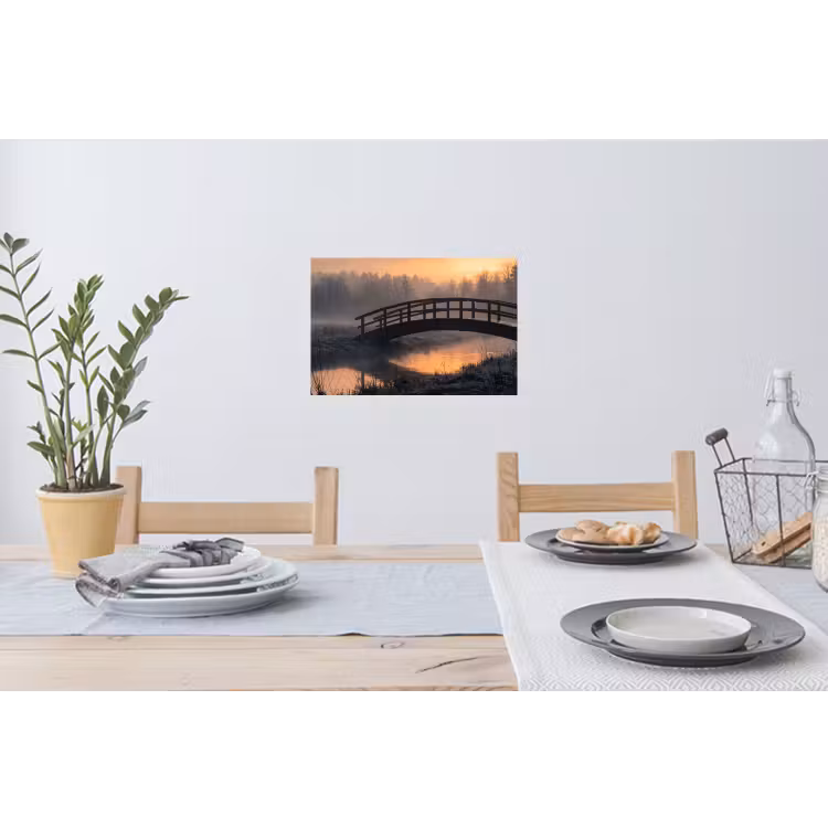 Brug - Mist - Bomen - Water Muursticker klein -eettafel