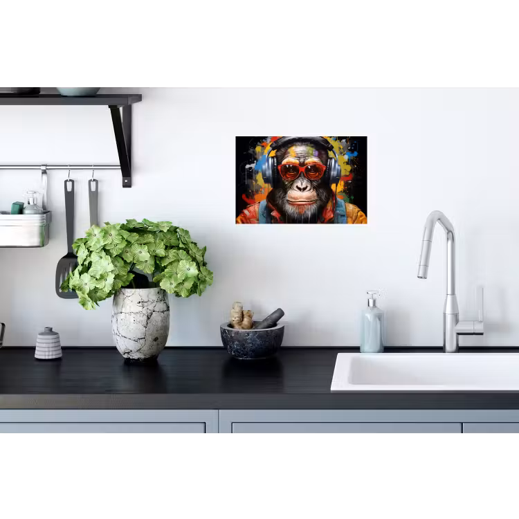 Chimpansee - Aap - dieren - Graffiti - Bril - Koptelefoon - Kleuren Muursticker klein -keuken