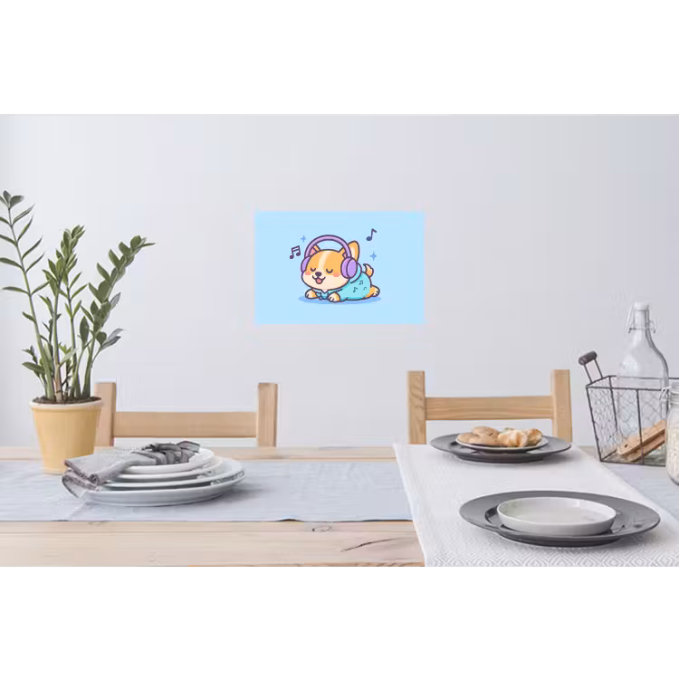 Corgi - Koptelefoon - Blauw - Muzieknoten Muursticker klein -eettafel