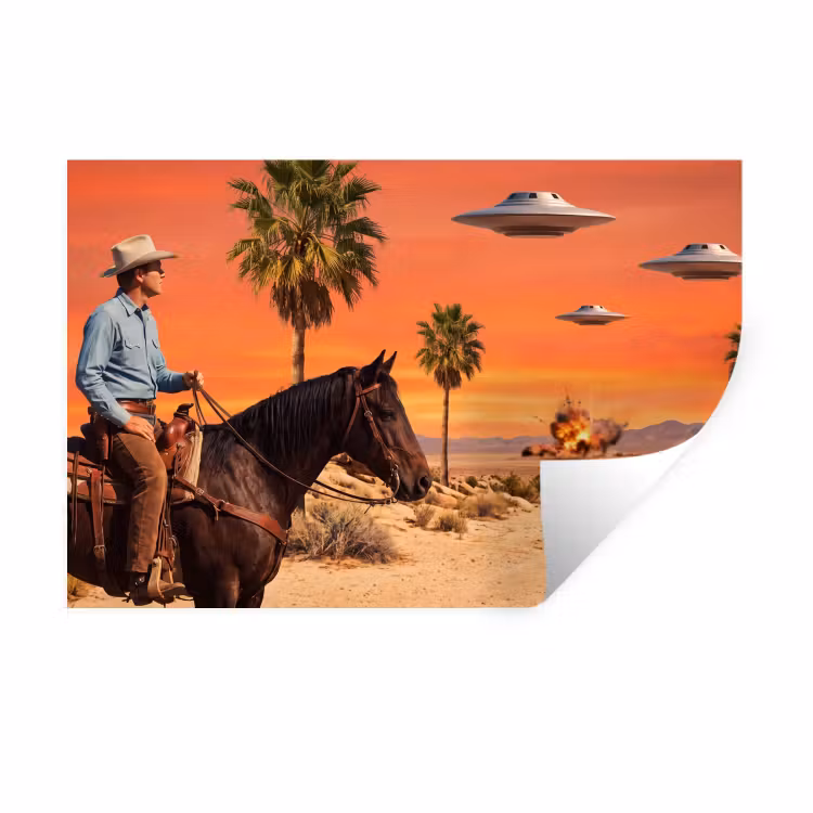 Muursticker - Cowboy - Paard - Woestijn - Cowboy - Paard - Woestijn Muursticker klein