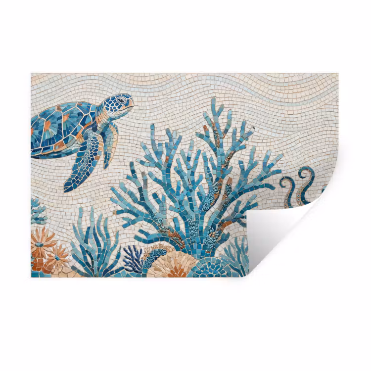 Dieren - Onderwater - Natuur - Mozaïek - Blauw Muursticker klein -3d