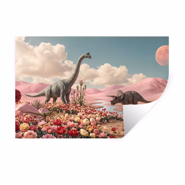 Muursticker - Dinosaurus - Roze - Landschap - Dinosaurus - Roze - Landschap Muursticker klein