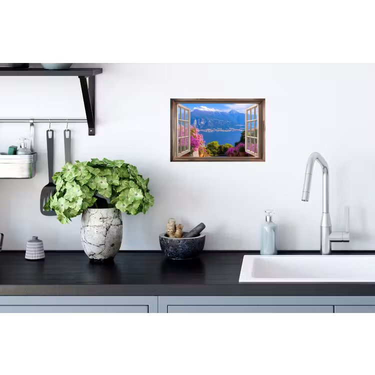 Doorkijk - Berg - Landschap - Uitzicht - Meer Muursticker klein -keuken