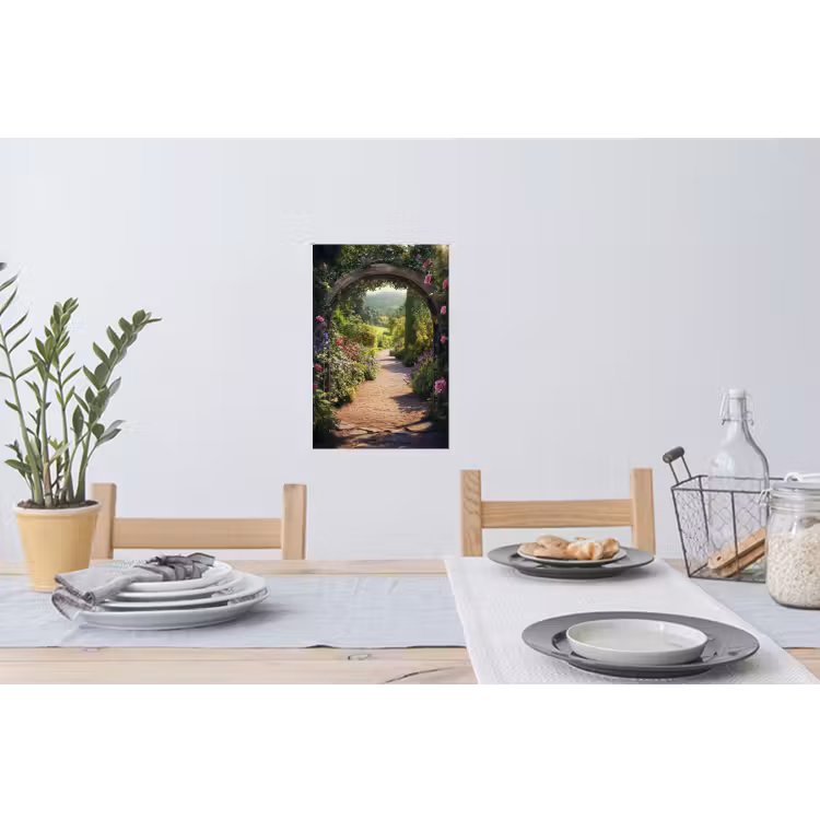 Doorkijk - Bloemen - Natuur - Rozenboog Muursticker klein -eettafel