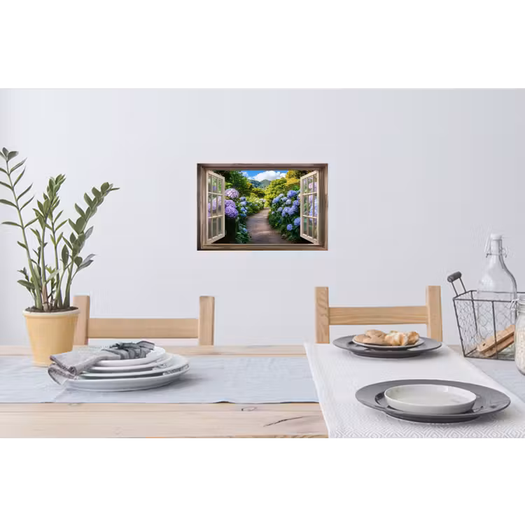 Doorkijk - Hortensia - Pad - Natuur Muursticker klein -eettafel