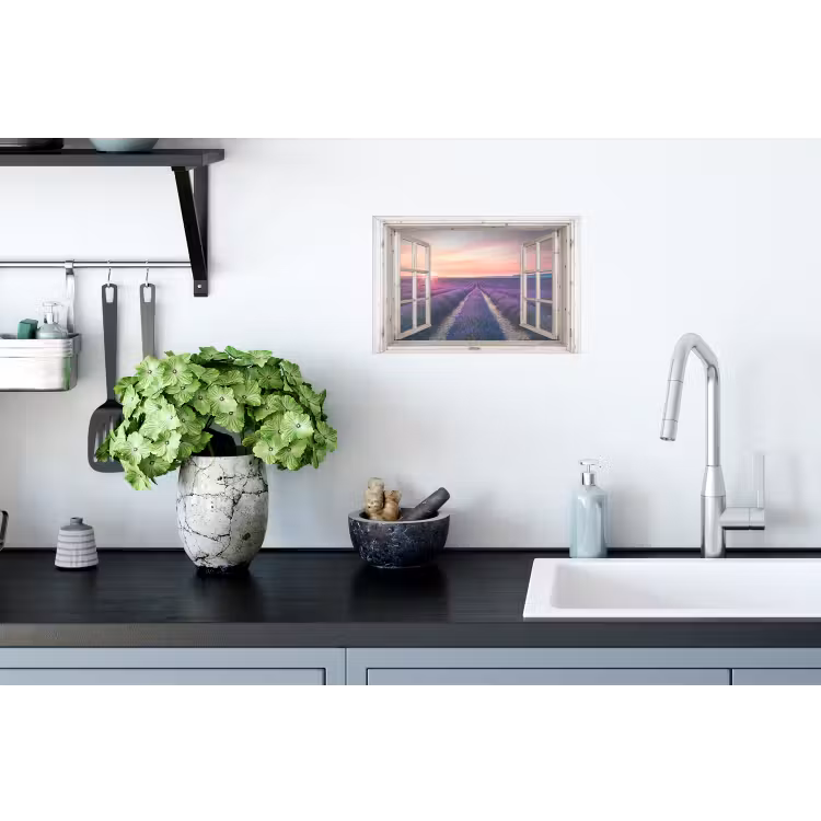 Doorkijk - Lavendel - Bloemen - Hout - Zonsondergang - Paars Muursticker klein -keuken