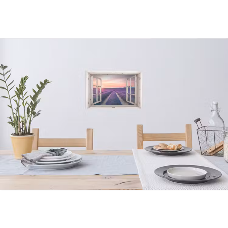 Doorkijk - Lavendel - Bloemen - Hout - Zonsondergang - Paars Muursticker klein -eettafel