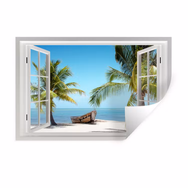 Doorkijk - Strand - Palmboom - Boot - Tropisch - Zee - Blauw Muursticker klein -3d