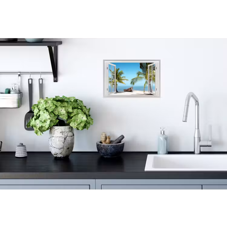 Doorkijk - Strand - Palmboom - Boot - Tropisch - Zee - Blauw Muursticker klein -keuken