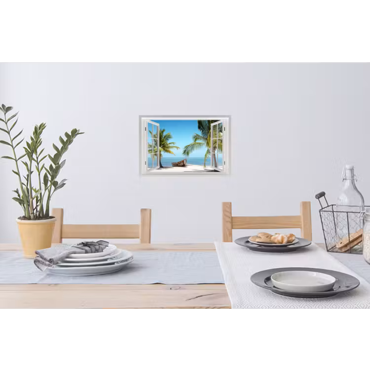 Doorkijk - Strand - Palmboom - Boot - Tropisch - Zee - Blauw Muursticker klein -eettafel
