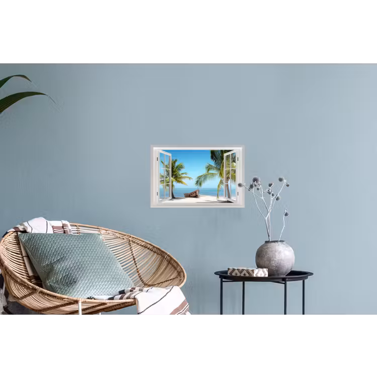 Doorkijk - Strand - Palmboom - Boot - Tropisch - Zee - Blauw Muursticker klein -plant