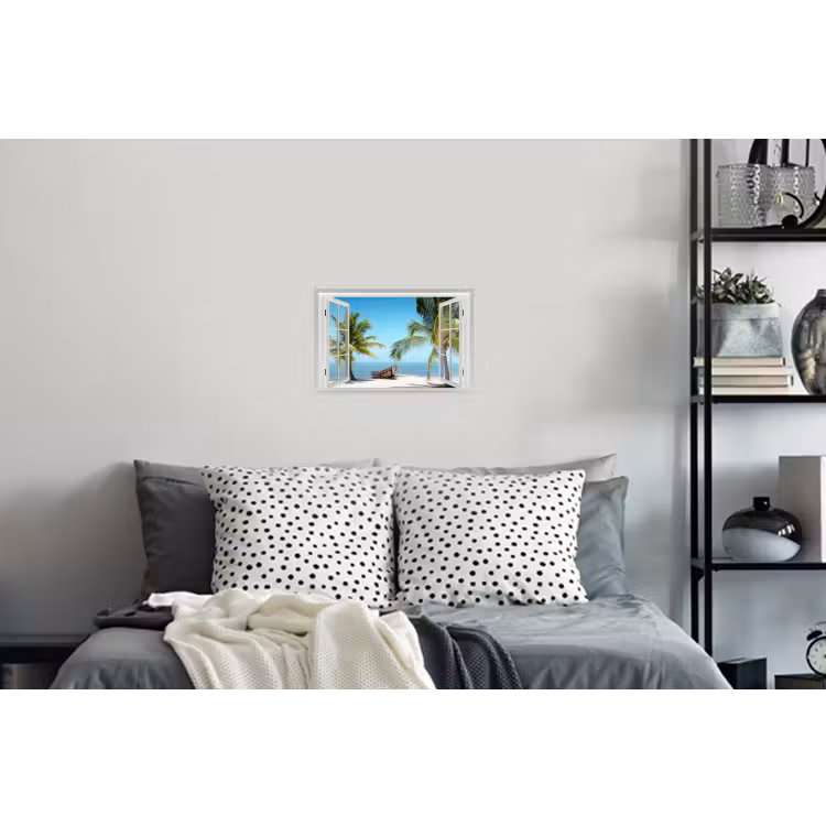 Doorkijk - Strand - Palmboom - Boot - Tropisch - Zee - Blauw Muursticker klein -slaapkamer