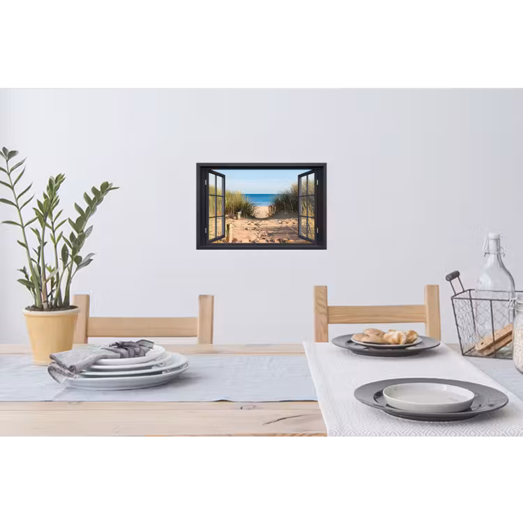 Doorkijk - Strand - Zee - Zand - Water - Helmgras - Duinen Muursticker klein -eettafel