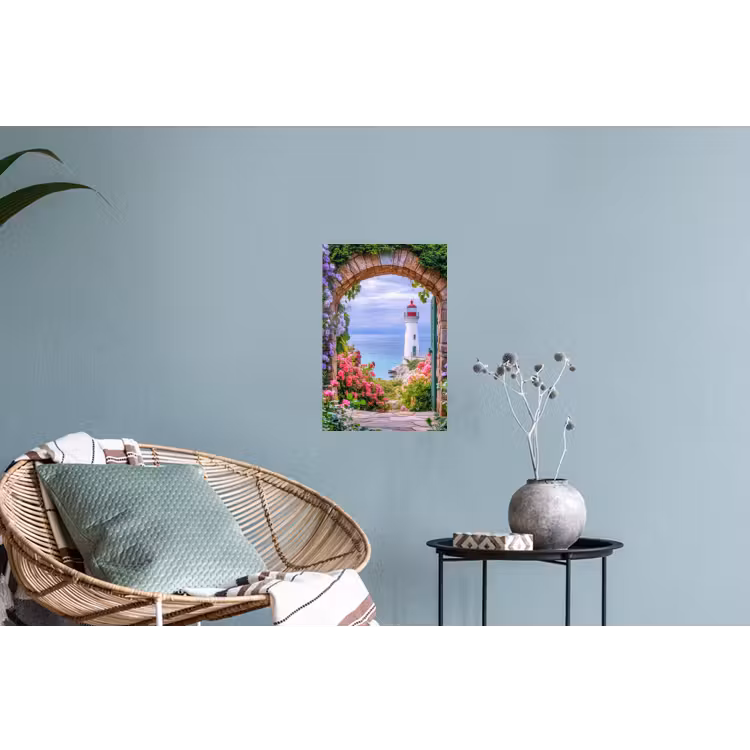 Doorkijk - Vuurtoren - Bloemen - Uitzicht Muursticker klein -plant
