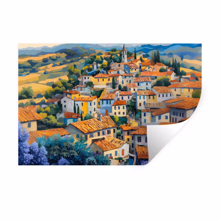 Dorp - Heuvels - Landschap - Bomen Muursticker klein -3d