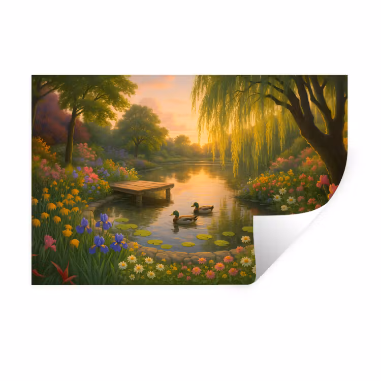 Eenden - Vijver - Bloemen Muursticker klein -3d
