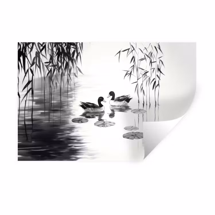 Eenden - Waterlelies - Riet - Zwart Muursticker klein -3d