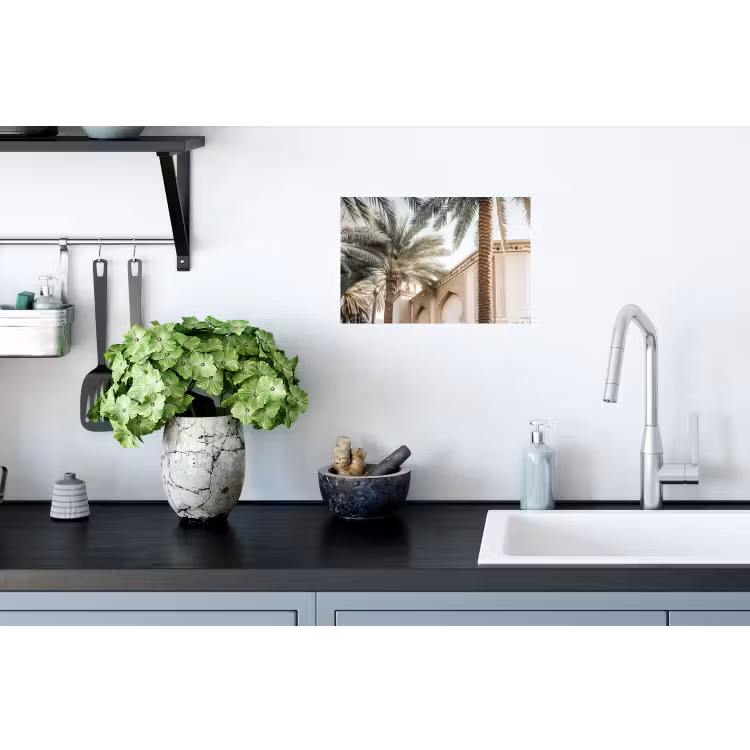 Gebouw - Palmbomen - Beige - Zon Muursticker klein -keuken