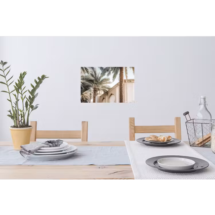 Gebouw - Palmbomen - Beige - Zon Muursticker klein -eettafel