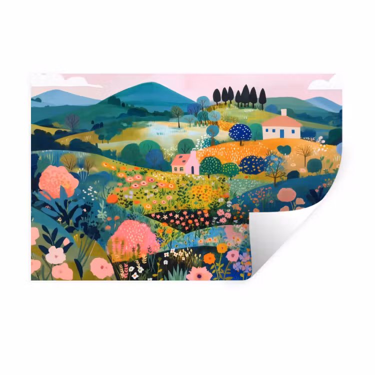 Heuvellandschap - Fantasierijk - Kleurcontrasten Muursticker klein -3d