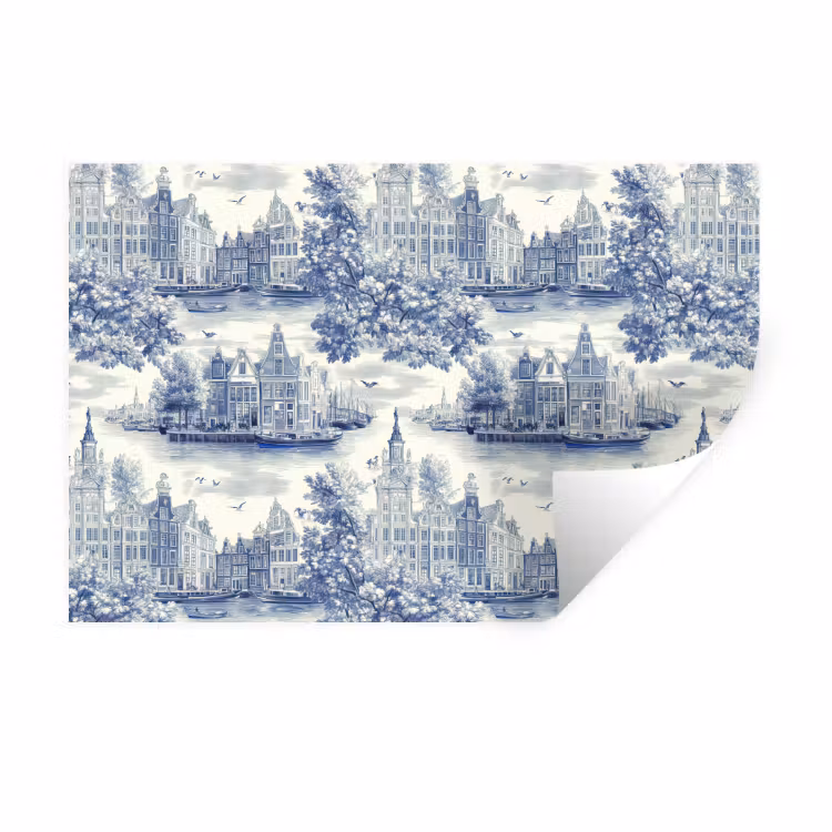 Huizen - Bomen - Water - Vogels - Blauw Muursticker klein 286 -3d