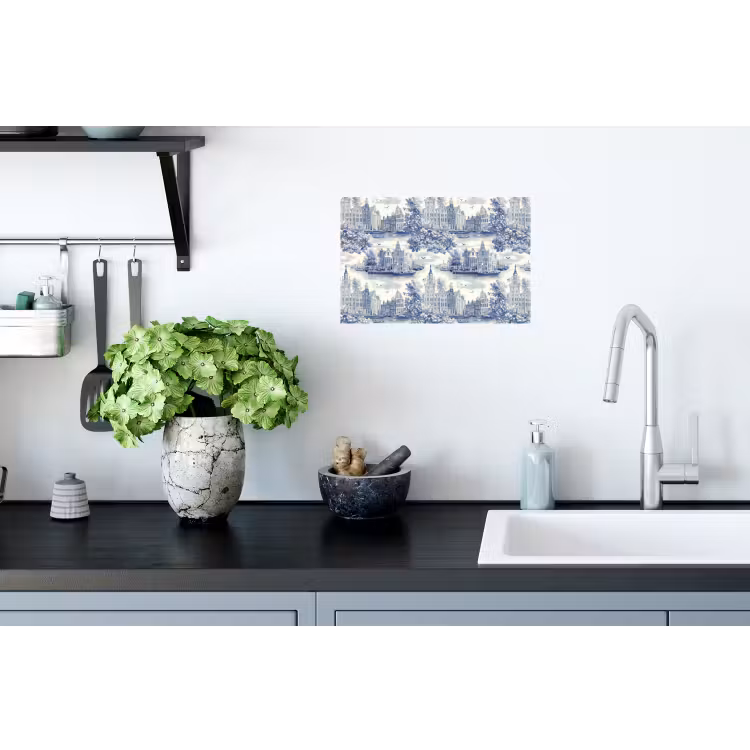Huizen - Bomen - Water - Vogels - Blauw Muursticker klein 286 -keuken