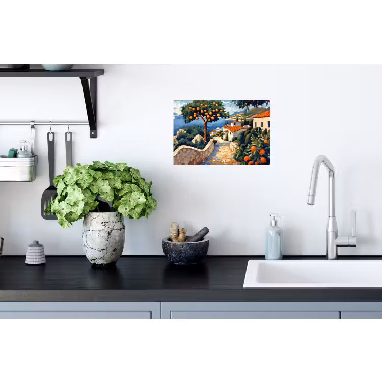 Huizen - Mozaïek - Sinaasappelbomen - Zee Muursticker klein -keuken