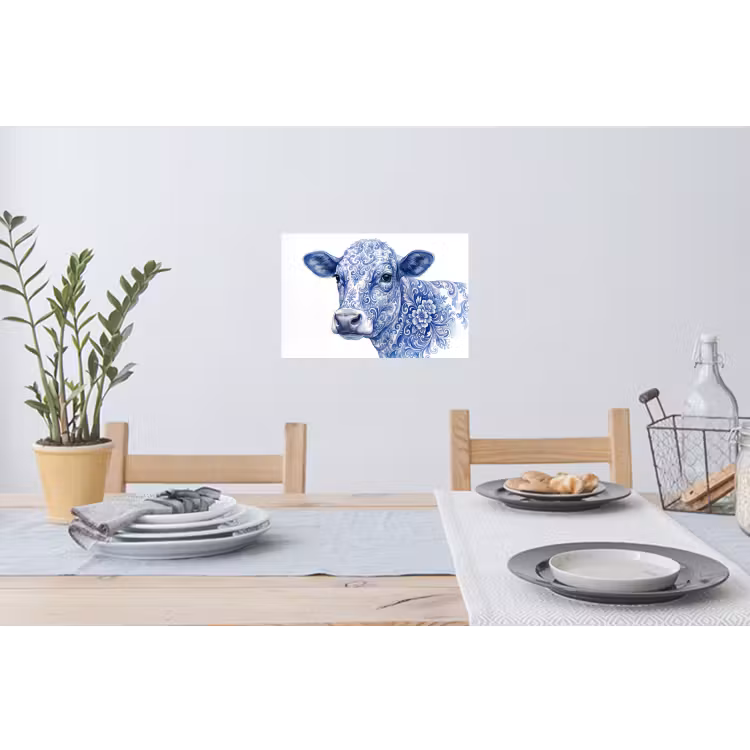 Illustratie - Koe - Blauw Muursticker klein -eettafel