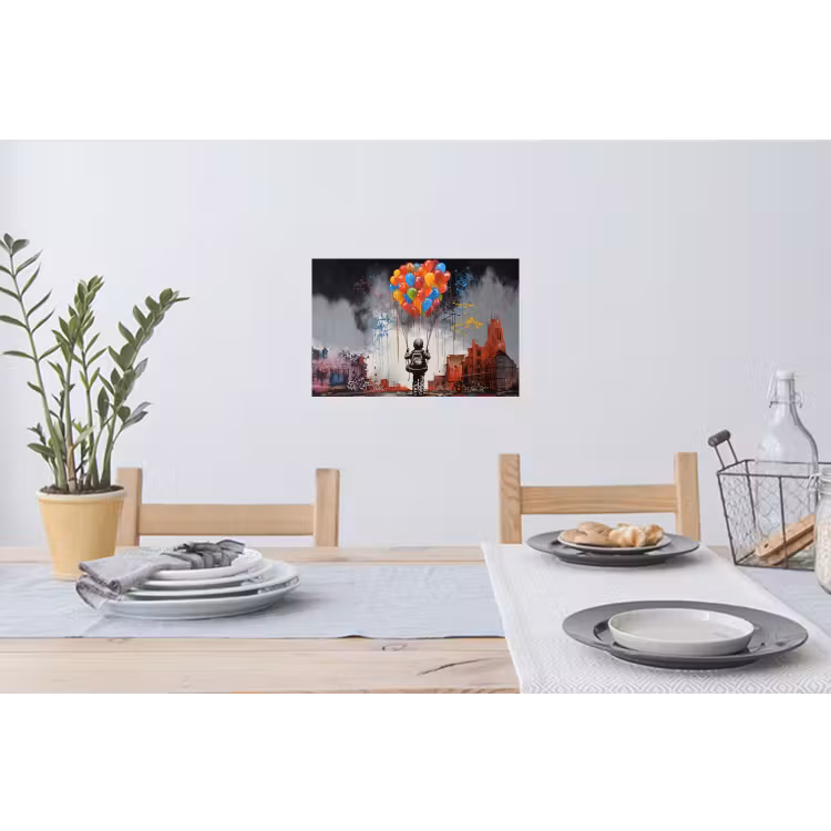 Jongen - Ballonnen - Gebouwen - Kunst Muursticker klein -eettafel