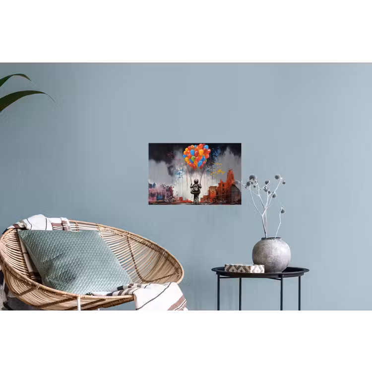 Jongen - Ballonnen - Gebouwen - Kunst Muursticker klein -plant