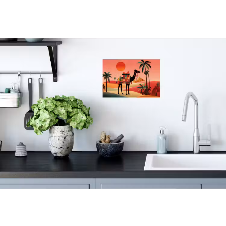 Kameel - Gekleurd tapijt - Duinen - Rode zon Muursticker klein -keuken