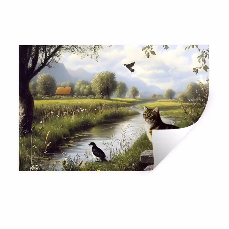 Kat - Beekje - Weide Muursticker klein -3d